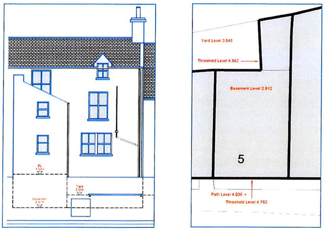 The image displays architectural drawings, including a side elevation of a building with level annotations and a site plan showing property boundaries and ground levels.