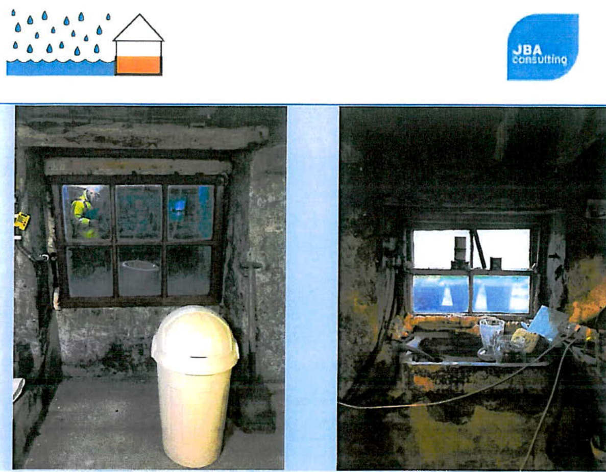 Two interior photographs showing a window in a rough stone-walled room, likely a cellar, accompanied by a drainage report header.