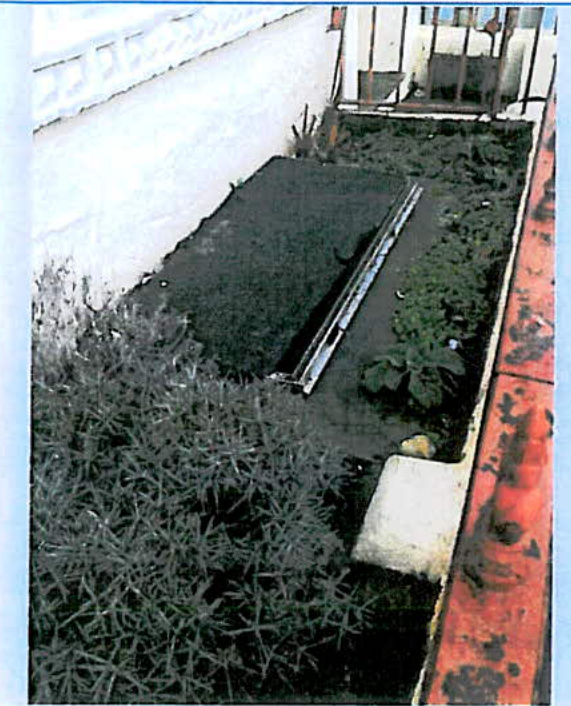 A high-angle photograph showing a narrow rear garden or yard area featuring a white wall, a red tiled boundary, and a patch of soil with vegetation.
