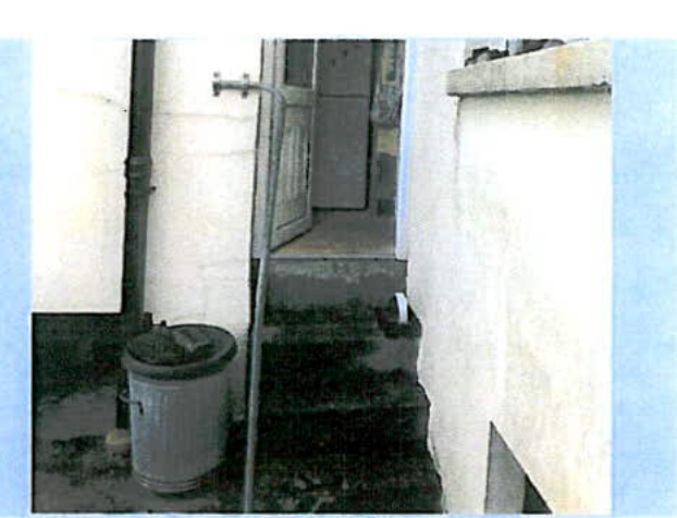 A grainy photograph showing an exterior entrance area with steps leading to a door, a vertical drainpipe, and a waste bin on the left side.