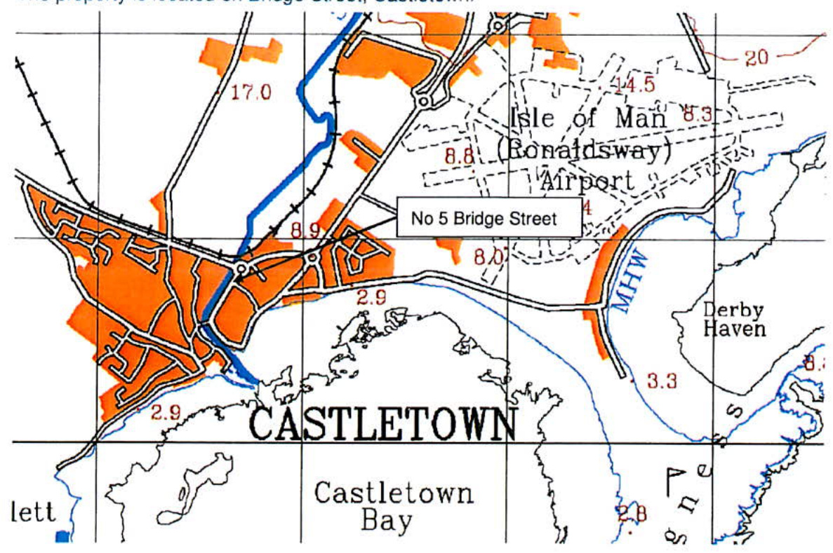 A location map showing the property at No 5 Bridge Street in Castletown, highlighting its proximity to Castletown Bay and Ronaldsway Airport.