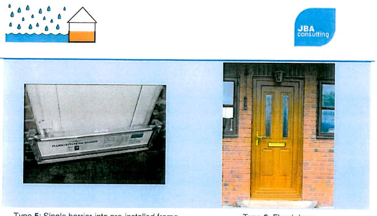 A technical specification page featuring a diagram of a flood barrier system and a photograph of a wooden front door installed in a brick wall.