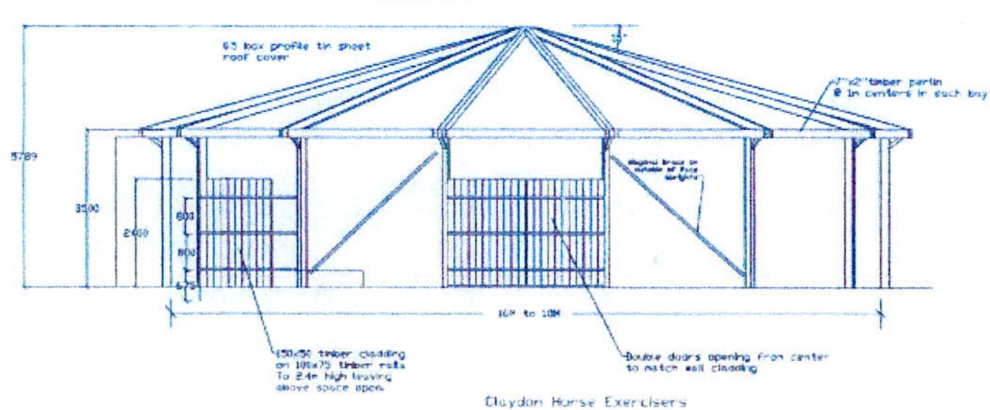 Technical elevation drawing of a timber structure with dimensions and material specifications, labeled 'Claydon Horse Exercisers'.
