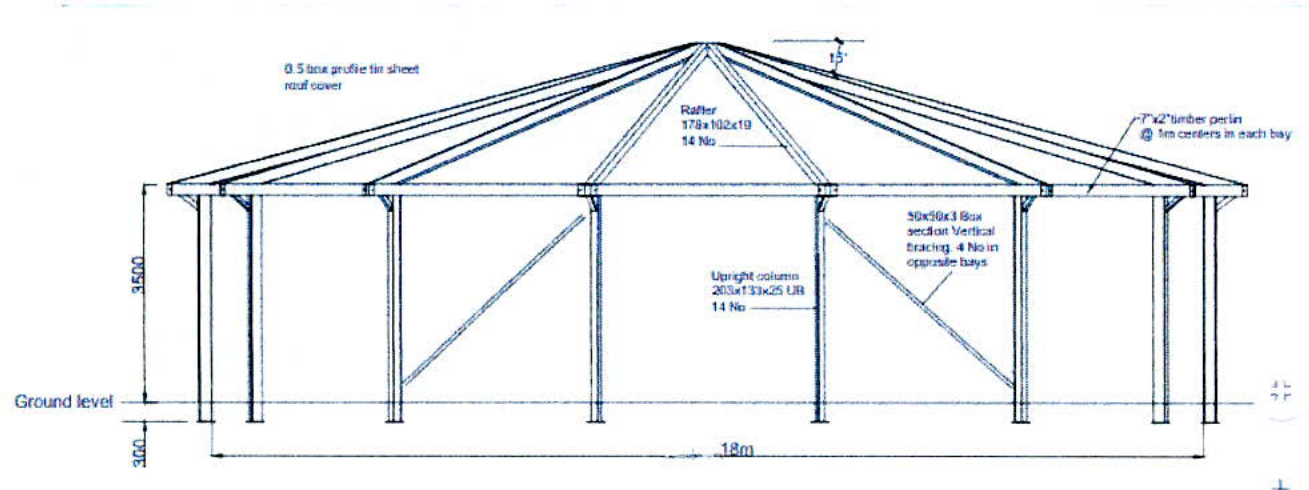 This image displays a technical elevation drawing of a timber-framed structure, likely a horse training pen, featuring detailed structural annotations and dimensions. It shows the roof pitch, rafter specifications, an...