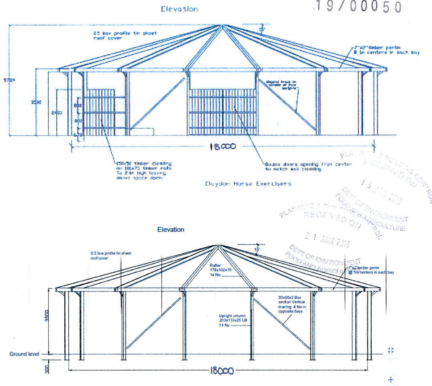 Architectural elevation drawings detailing the design, dimensions, and materials for a timber horse training pen structure.