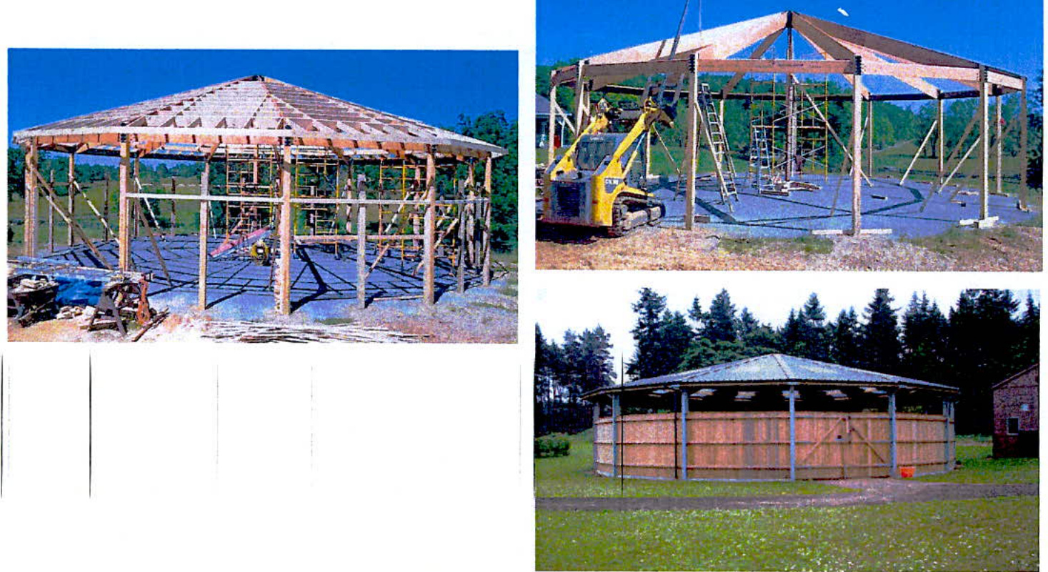 A collage of three photographs documenting the construction stages of a large, circular timber structure, from the initial frame erection to the completed roof and cladding.