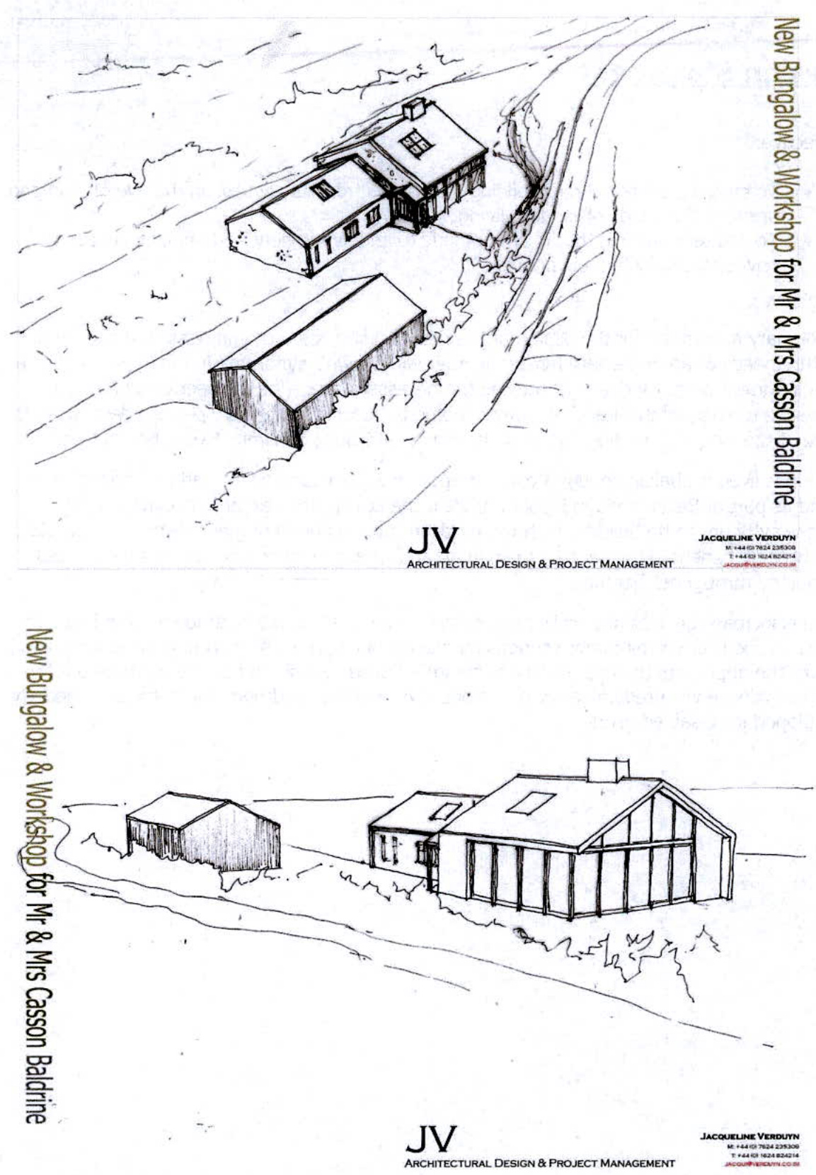 Architectural sketches depicting a perspective view and elevation of a proposed new bungalow and workshop structure.