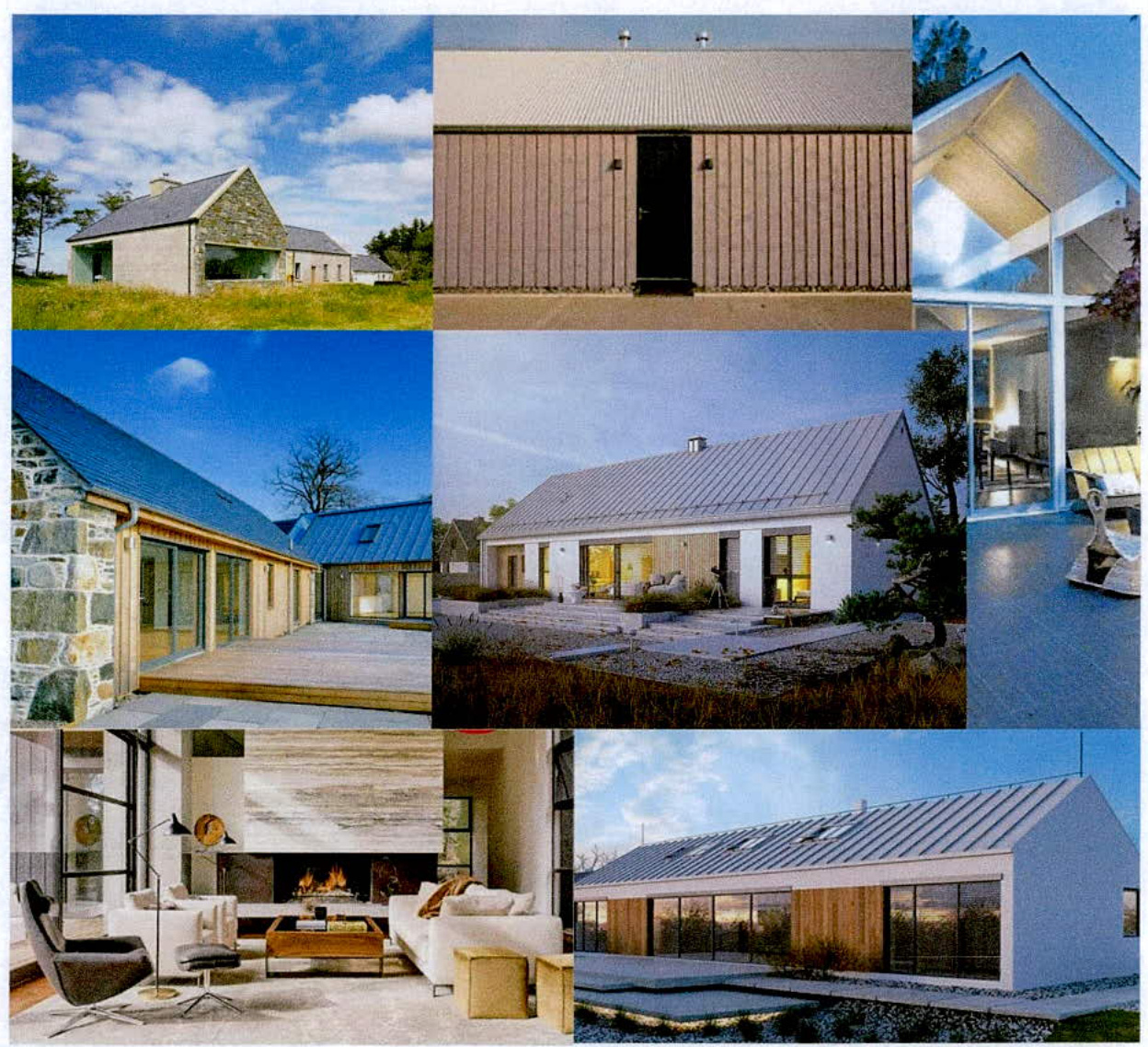 A collage of architectural visualizations and interior design images depicting a proposed modern detached dwelling and an ancillary shed in a rural setting.