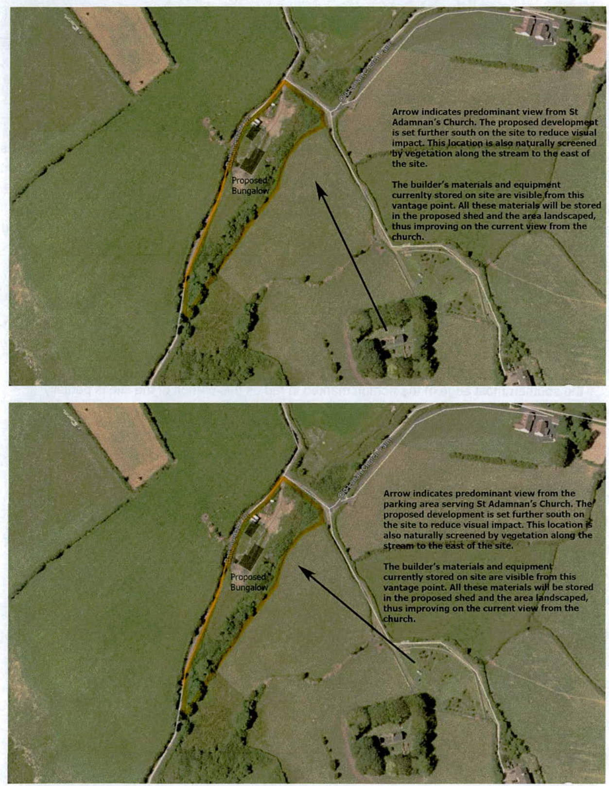 Aerial site views with annotations indicating the proposed bungalow location and visual impact assessments from a nearby church.