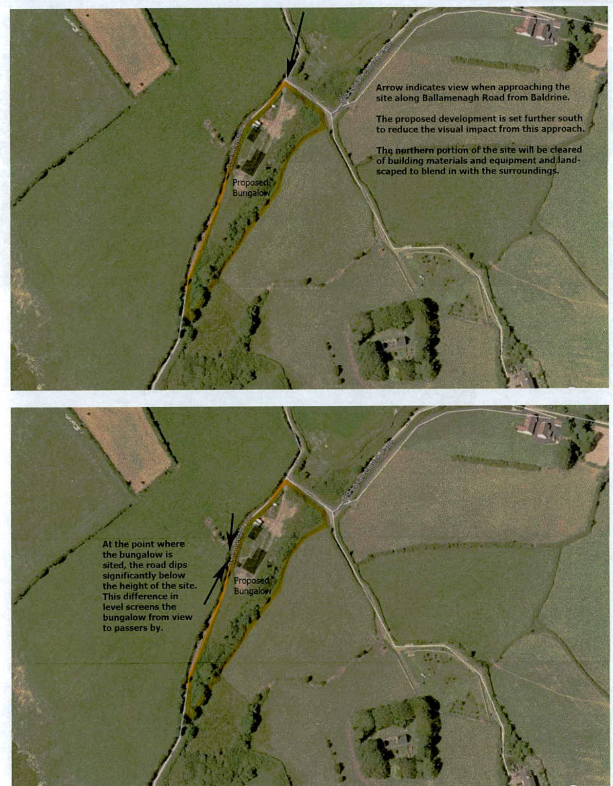 Annotated aerial photographs showing the proposed siting of a bungalow on a rural plot, with text explaining visual impact and landscaping plans.