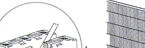 Architectural detail drawing showing a roof structure section with trusses and a vertical wall elevation or cladding detail.