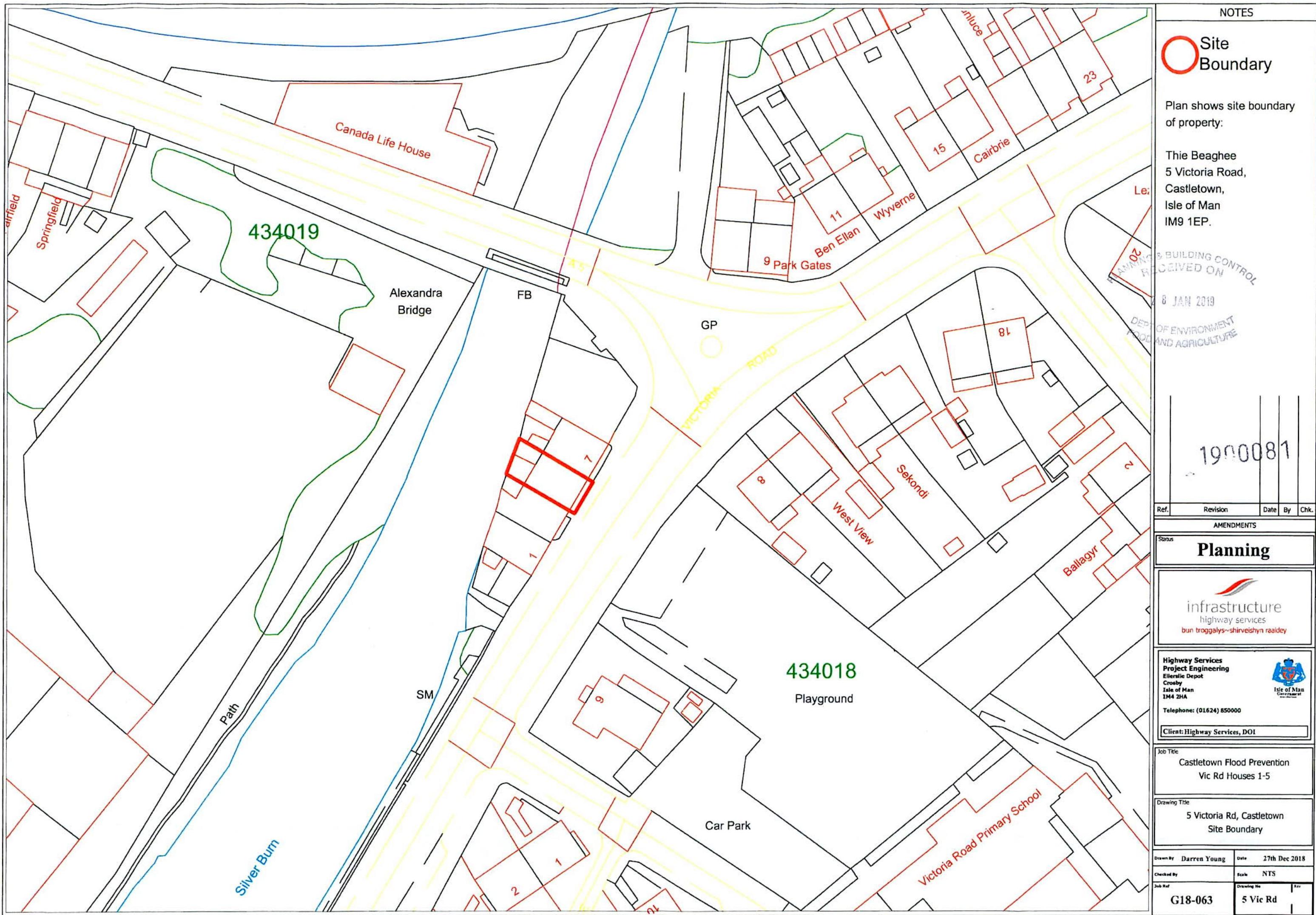 This image displays a planning site location plan highlighting the property boundary for 5 Victoria Road in Castletown with a red outline. It shows surrounding context including a playground, car park, and nearby comm...