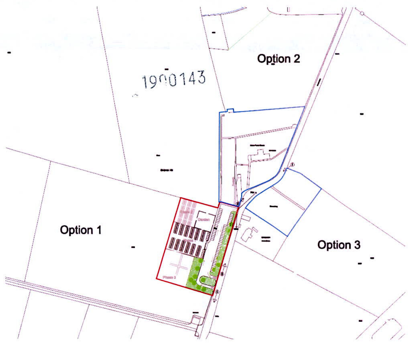 This image displays a site plan illustrating three layout options for a proposed cemetery extension, with Option 1 highlighted in red showing burial plots and landscaping.