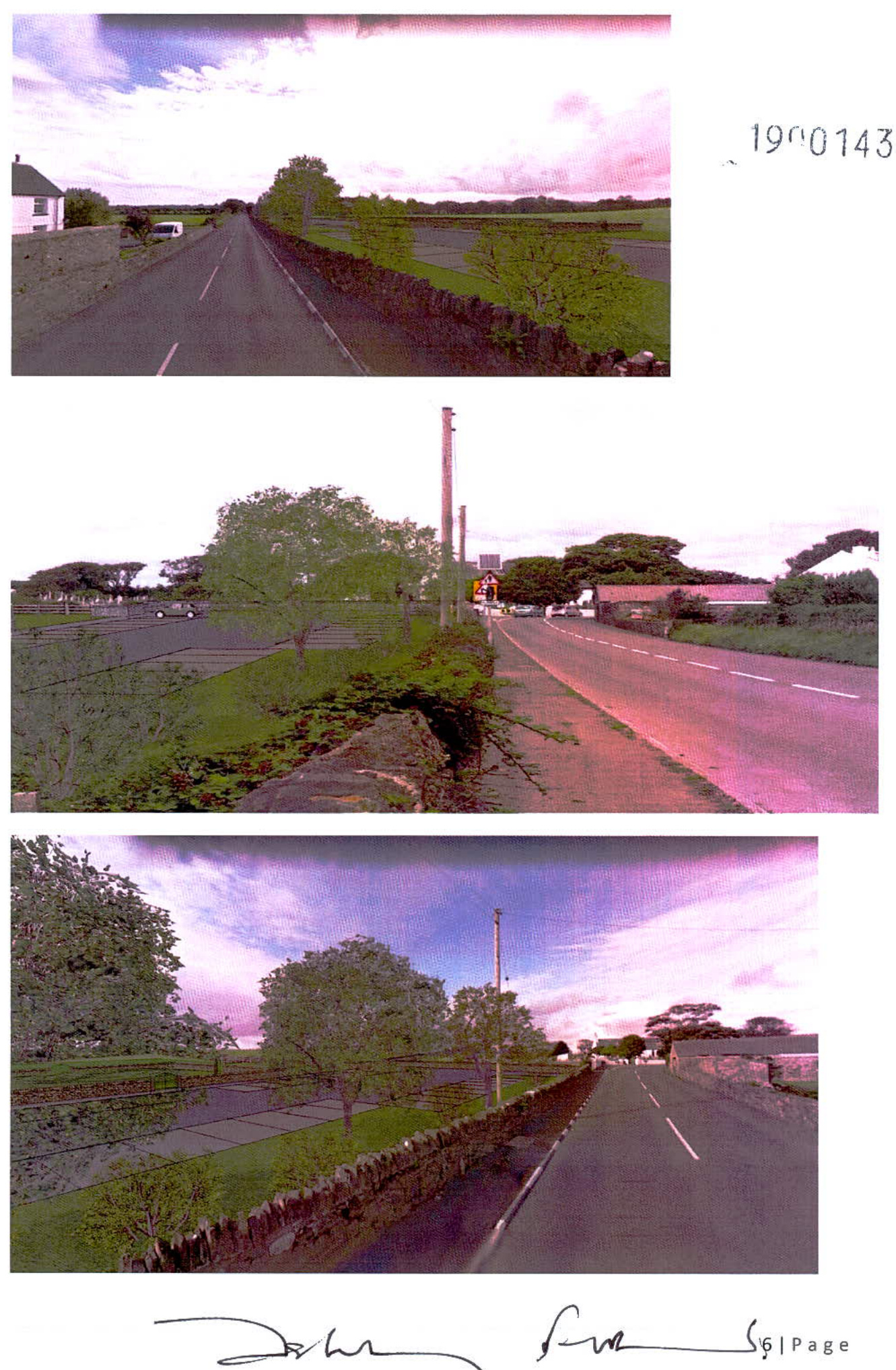 Three photographs showing the rural road and stone wall boundaries surrounding the proposed site location.