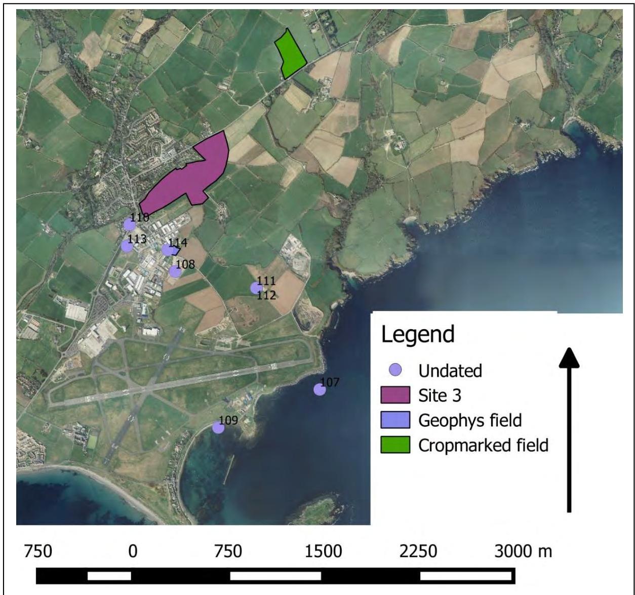 An aerial site location map highlighting 'Site 3' in purple, alongside archaeological survey points and fields near a coastal area and airfield.
