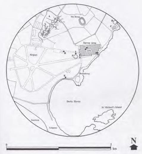 A black and white location map showing the survey area near Derby Haven and St Michael's Island, with a scale bar and north arrow.