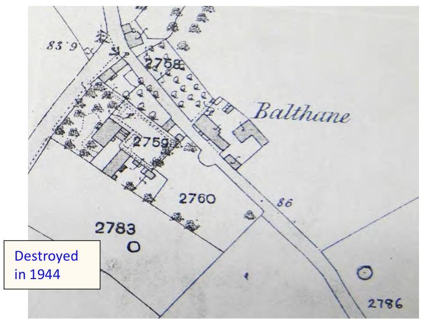 A historical map or plan showing building footprints, field boundaries, and trees, featuring an annotation stating 'Destroyed in 1944'.