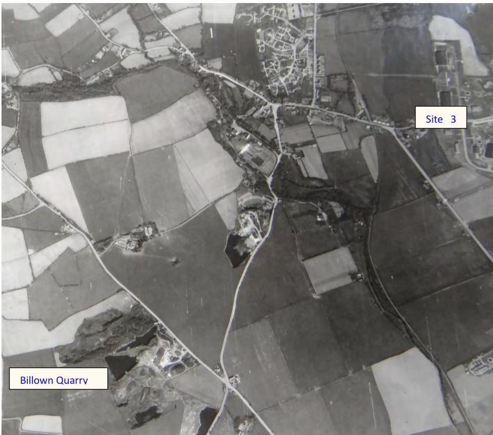 A black and white aerial location map showing rural fields, roads, and labeled areas including Billown Quarry and Site 3.