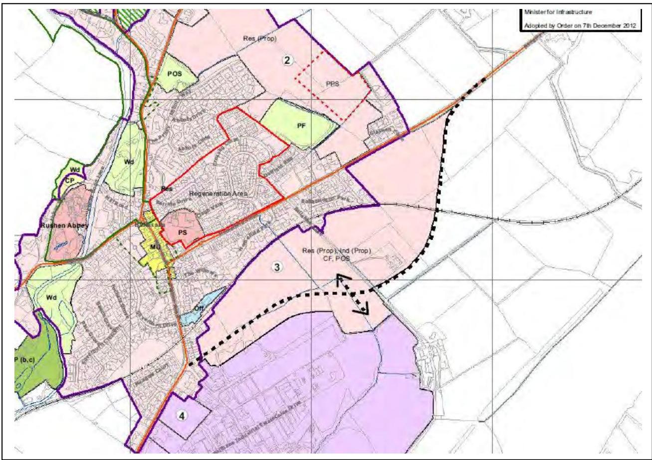 A zoning map showing proposed residential areas, existing infrastructure, and land designations with colored boundaries.