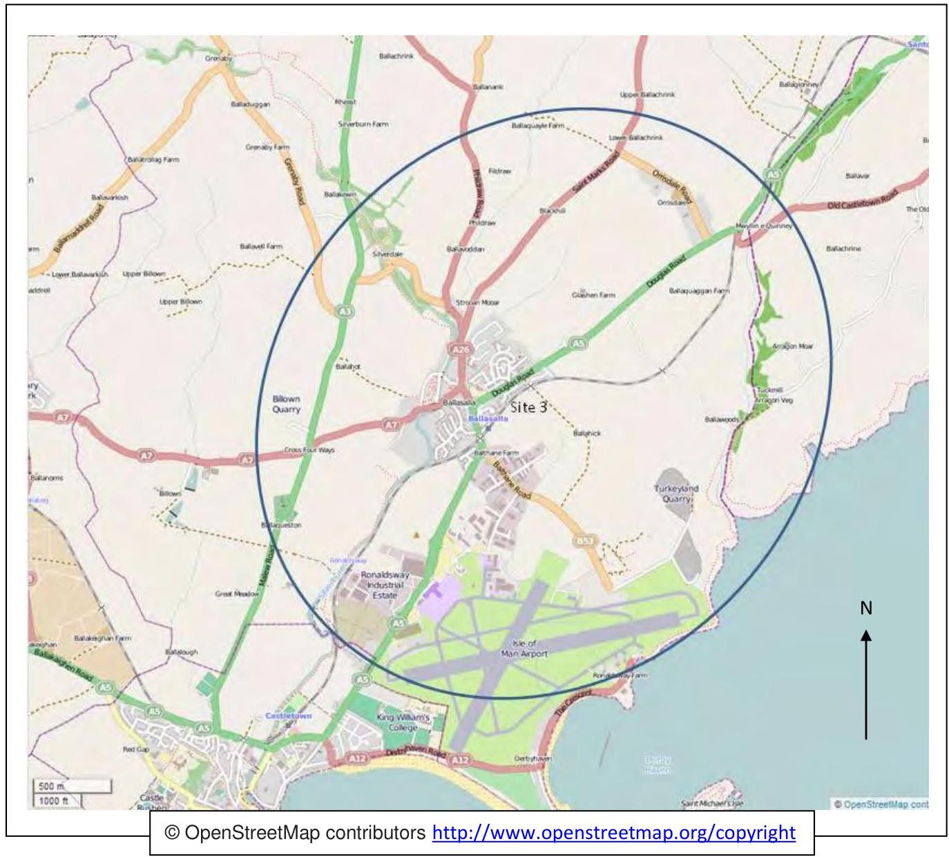 A location map showing a proposed development site marked by a blue circle labeled 'Site 3' situated near the Isle of Man Airport and coastal roads.