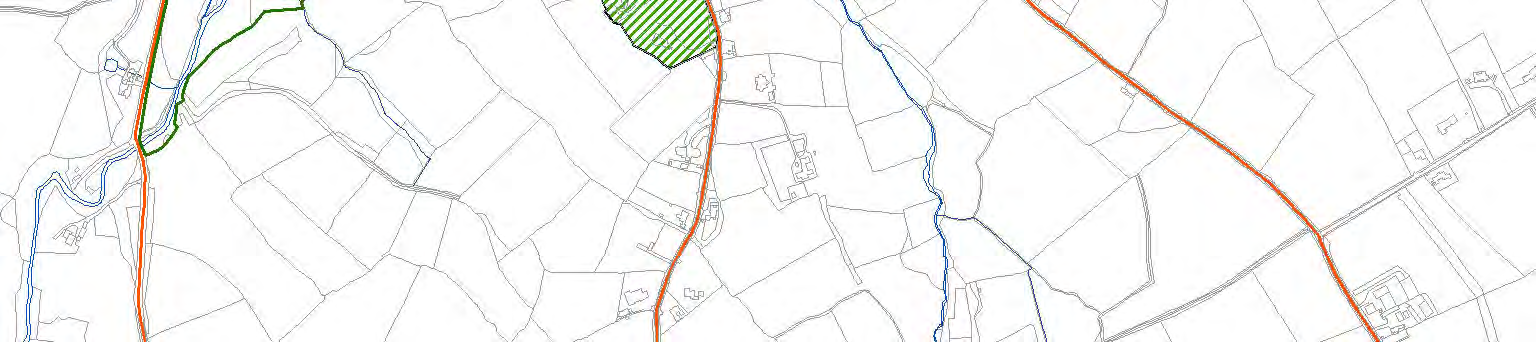 This image displays a site plan or location map featuring field boundaries, watercourses, and proposed road alignments marked in orange, with a specific area highlighted in green hatching.