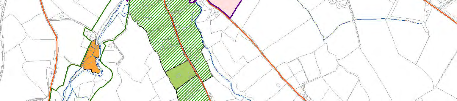 A planning map showing land parcels with color-coded zones, including a large green hatched area and an orange section, overlaid with boundary lines and road networks.
