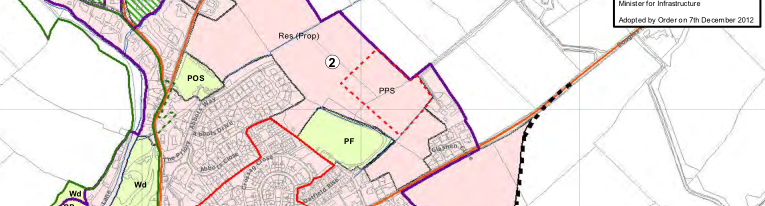 The image displays a planning map overlay showing proposed residential zones in pink and public open spaces in green, alongside existing road networks and field boundaries.
