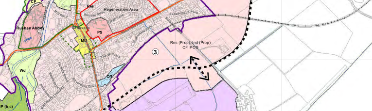 A planning map showing a large pink shaded area designated as proposed residential and industrial land, bordered by a dashed line and adjacent to Rushen Abbey.