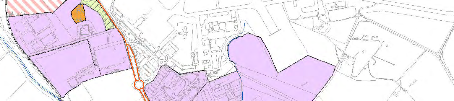 A technical site plan showing the proposed development area shaded in purple, featuring a new roundabout and road infrastructure.