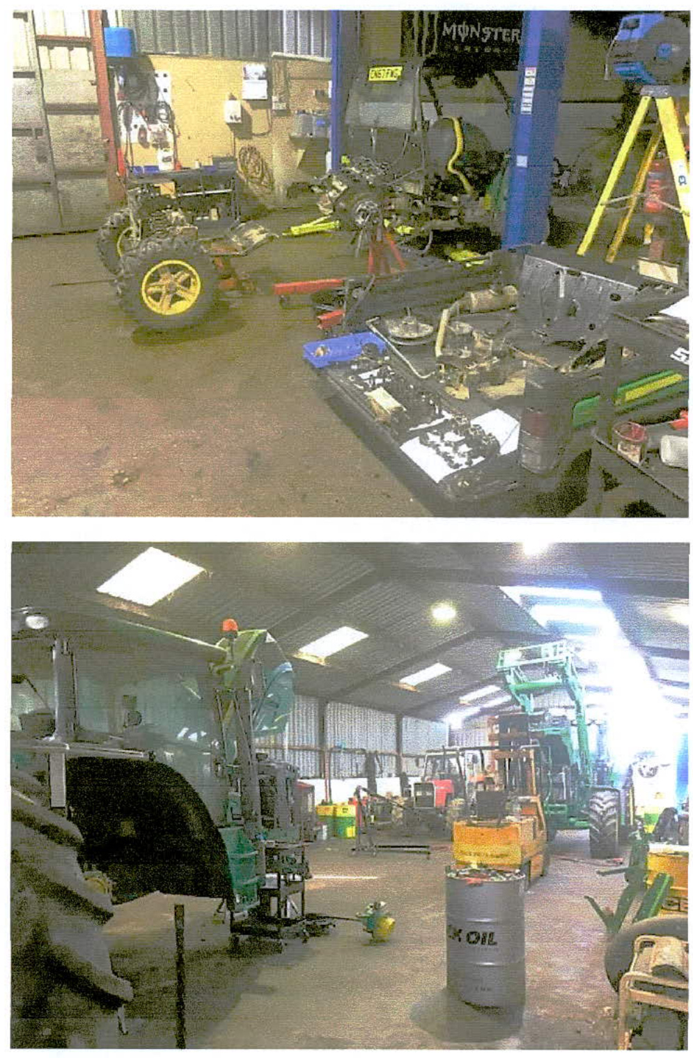 Interior photographs of a workshop containing heavy machinery, tractors, and vehicle repair equipment.
