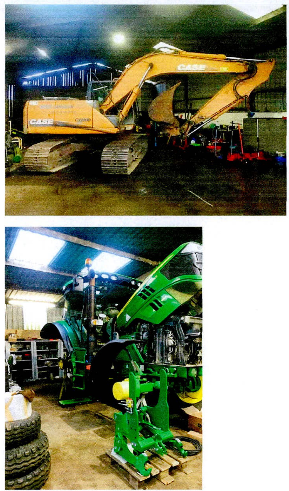 Two photographs showing heavy plant machinery, including an excavator and a tractor, inside a large agricultural building or workshop.