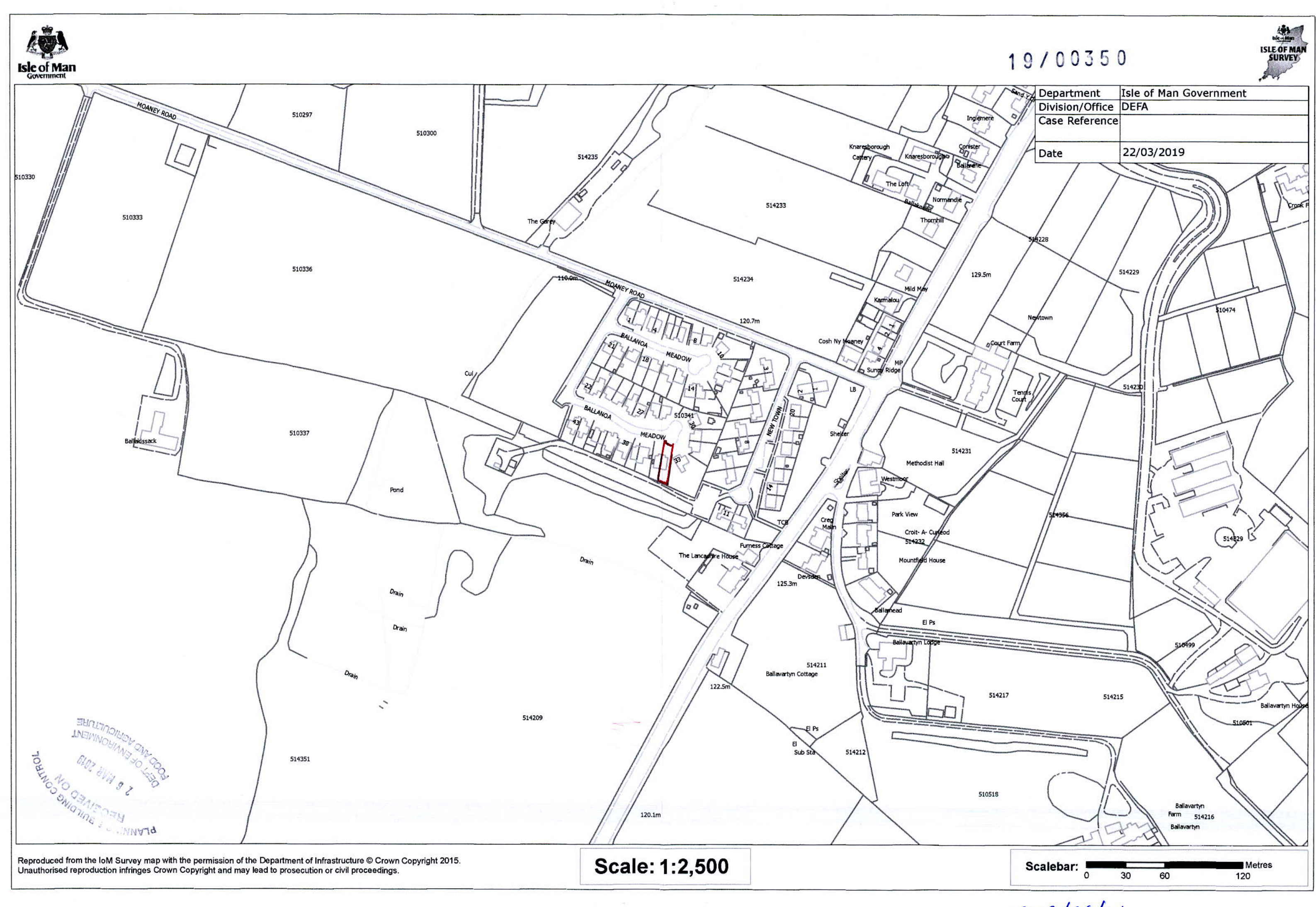 A black and white site plan showing property boundaries, roads, and building footprints in a rural area, with a specific plot highlighted in red.