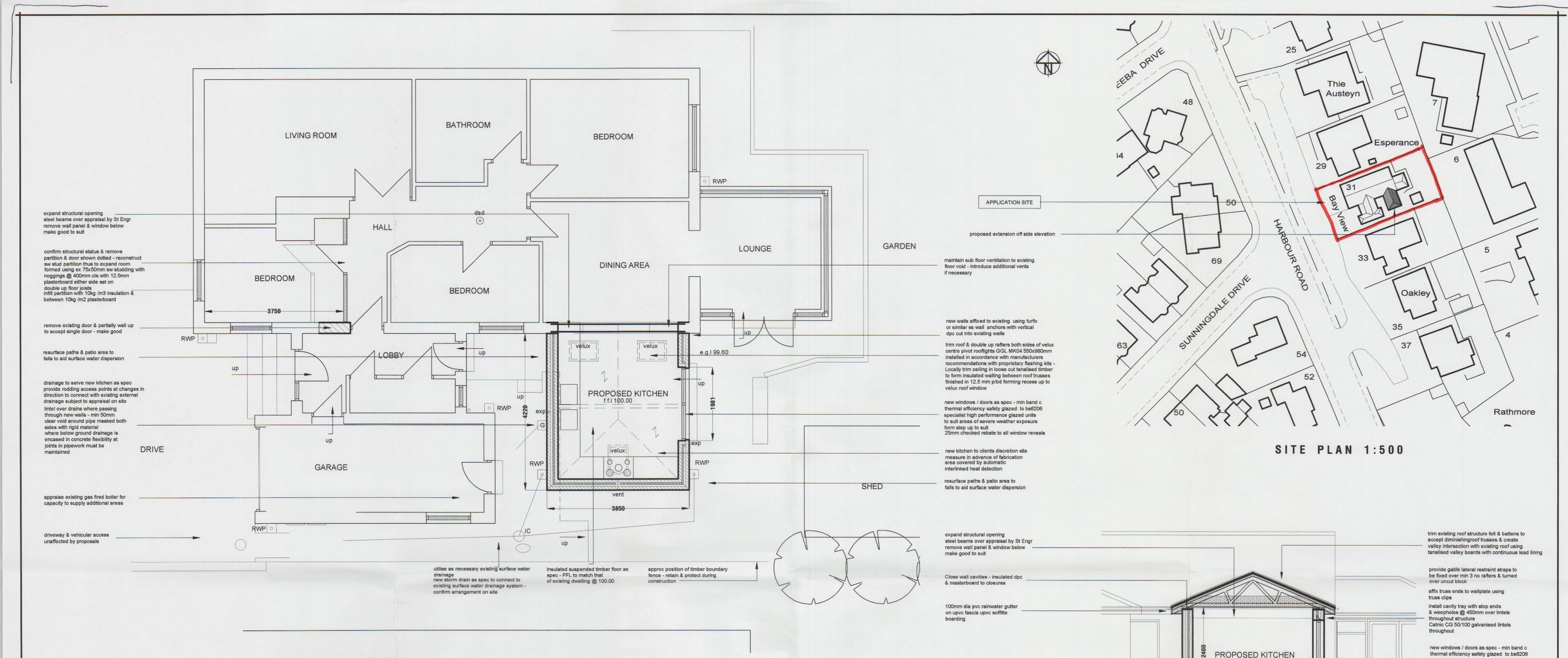 This architectural drawing sheet features a detailed floor plan of a house with a proposed kitchen extension on the left and a 1:500 site plan showing the property location on the right.