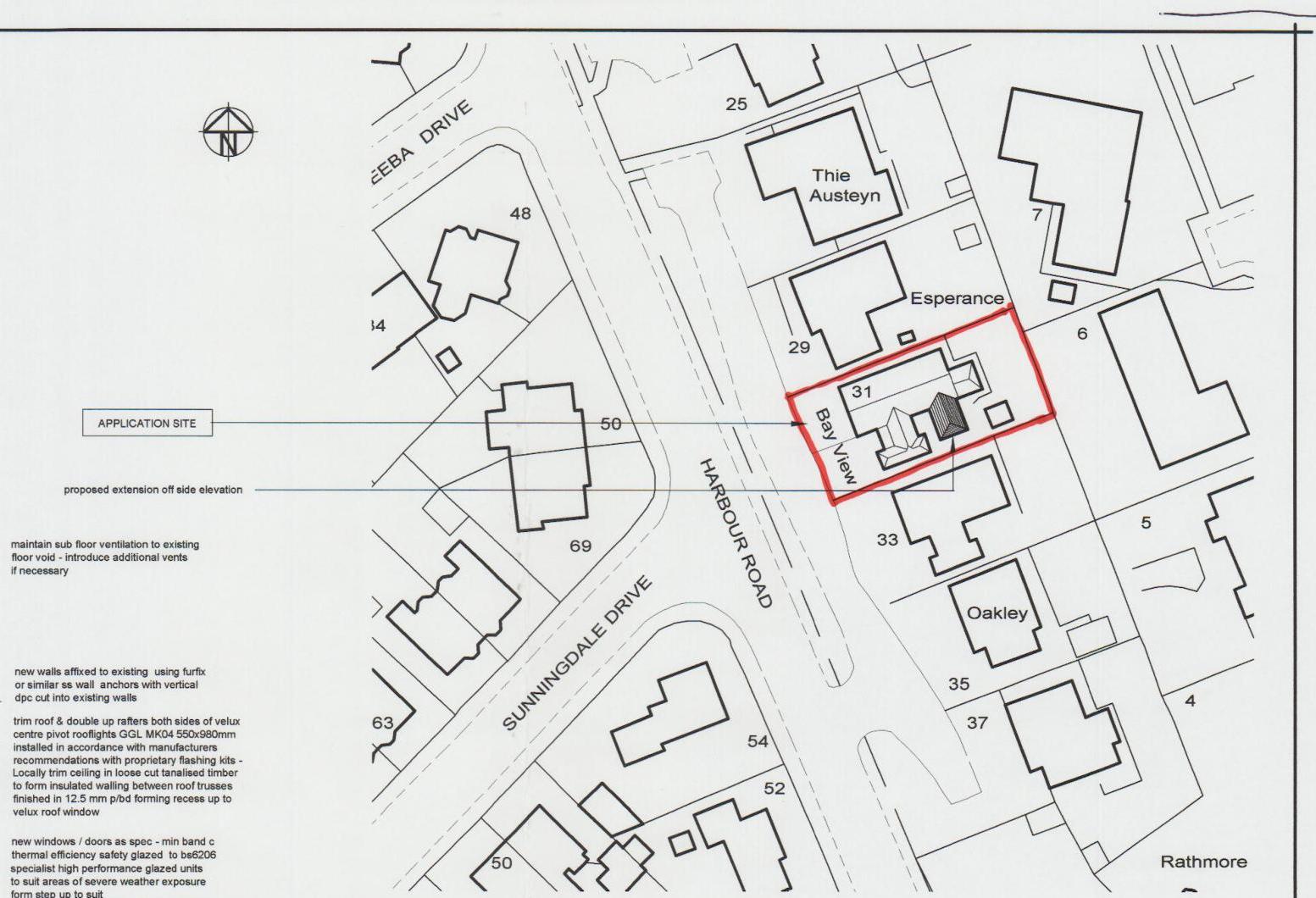 A site plan showing the application site 'Bay View' highlighted in red, indicating a proposed side extension.
