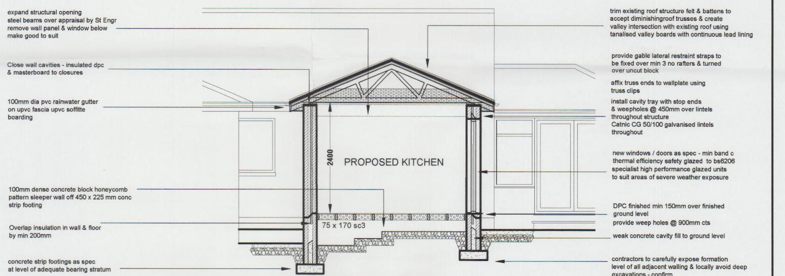 Architectural cross-section drawing detailing the structural construction of a proposed kitchen extension, including roof trusses, wall cavities, and concrete footings.