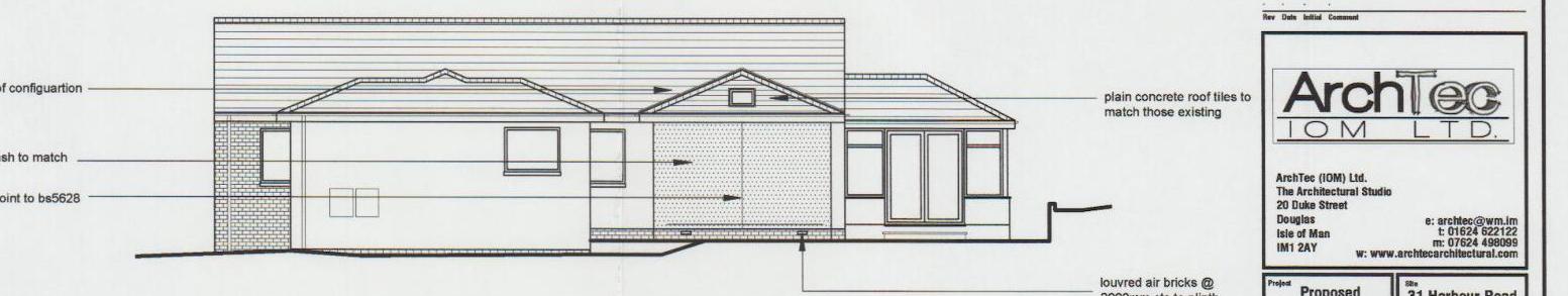 This image displays an architectural elevation drawing of a single-storey house extension with material annotations. It includes the architect's logo and title block details on the right side.