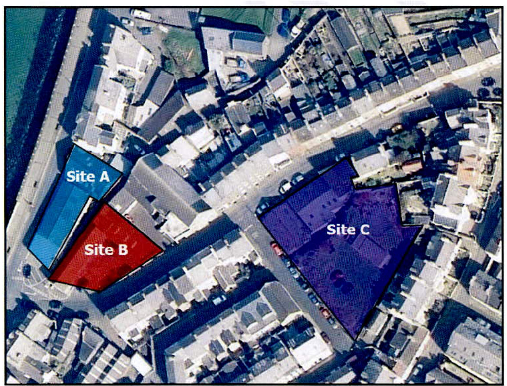 An annotated aerial photograph showing a coastal town with three specific areas labeled Site A, Site B, and Site C highlighted in blue, red, and purple.