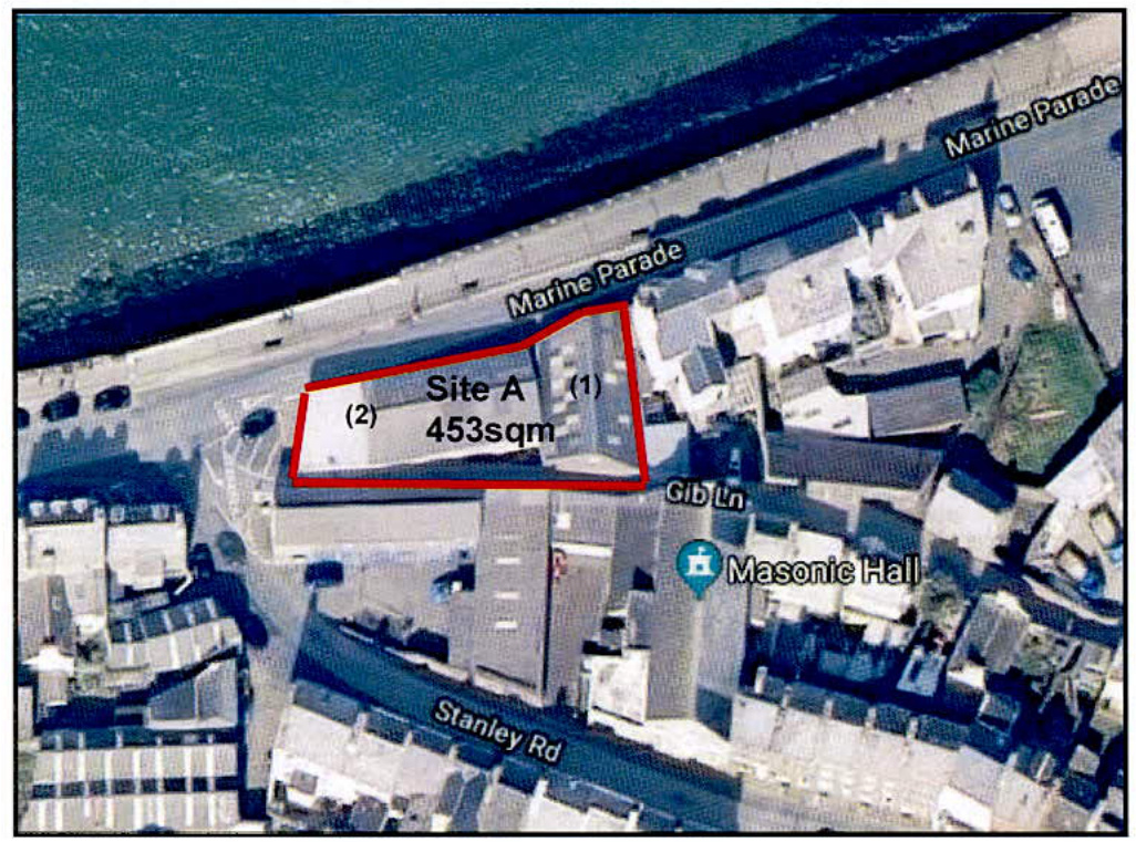 An aerial site plan showing the application area outlined in red, labeled 'Site A', located near Marine Parade and the coast.