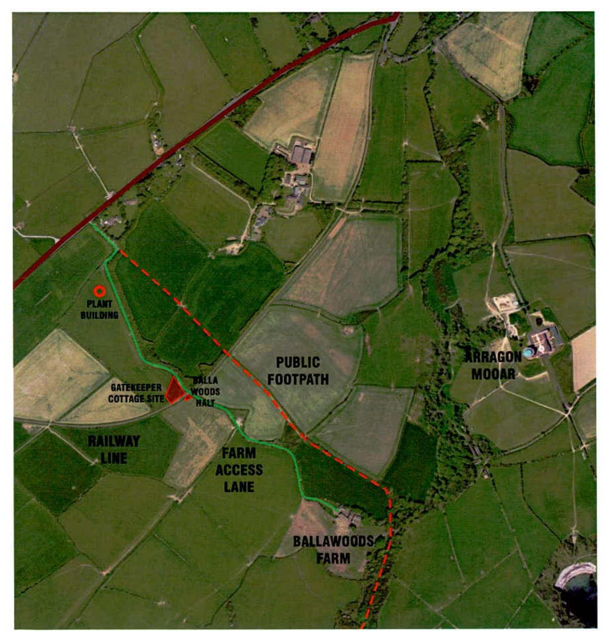 Aerial site location map showing the proposed plant building and Gatekeeper Cottage site near Ballawoods Halt with access routes marked.