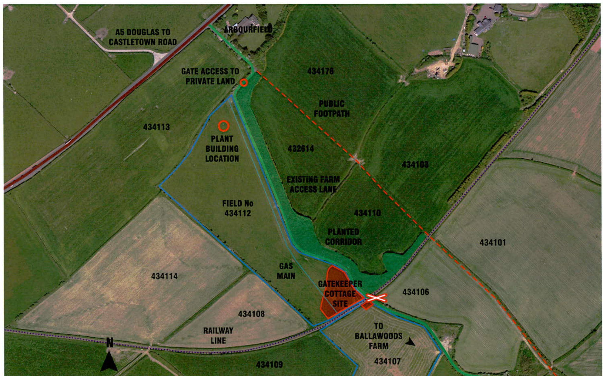 An aerial site plan showing the location of a proposed plant building and Gatekeeper Cottage site in a rural agricultural setting.
