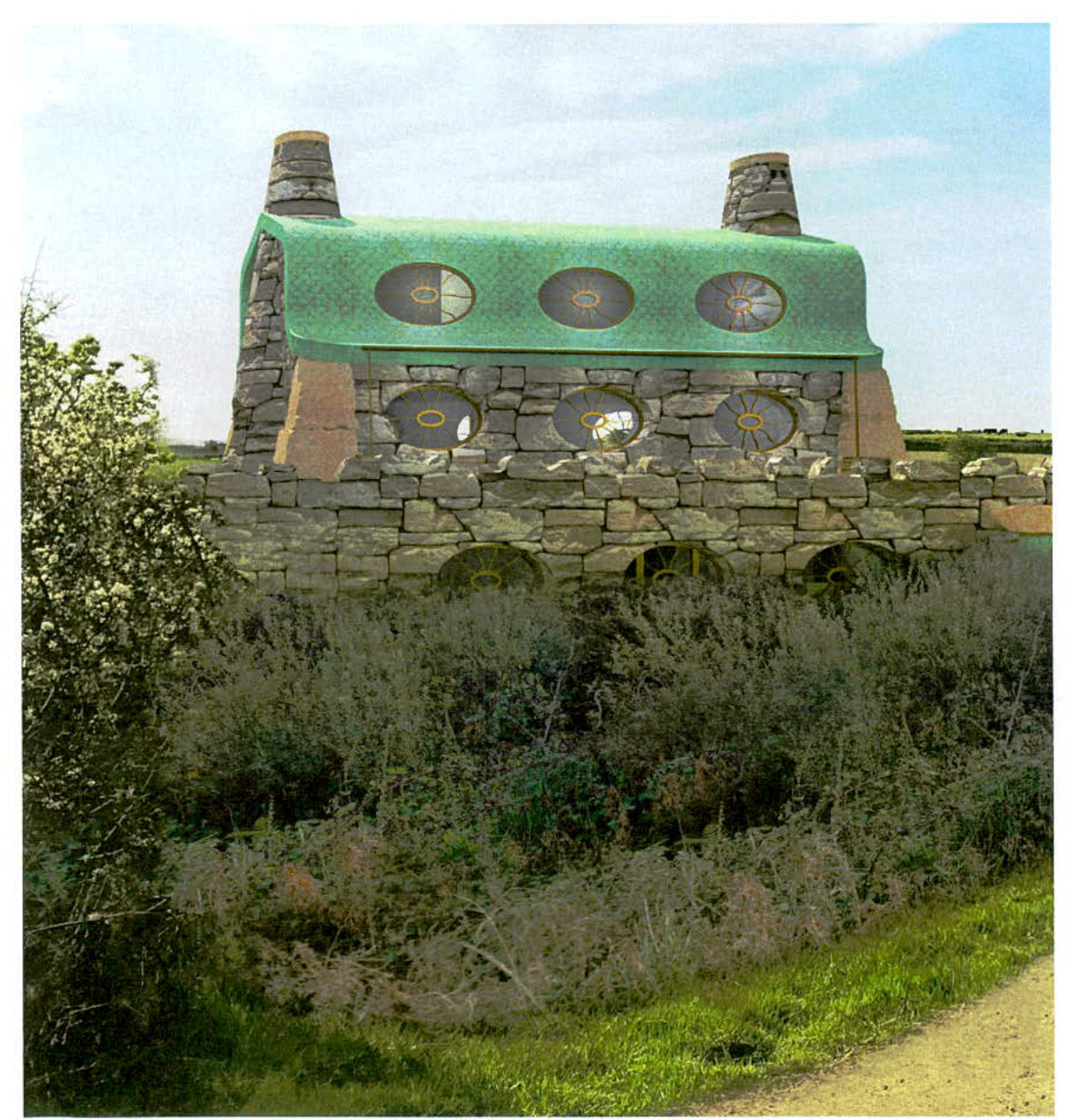 A photograph of a distinctive stone cottage featuring a curved green roof and circular windows, surrounded by overgrown vegetation.