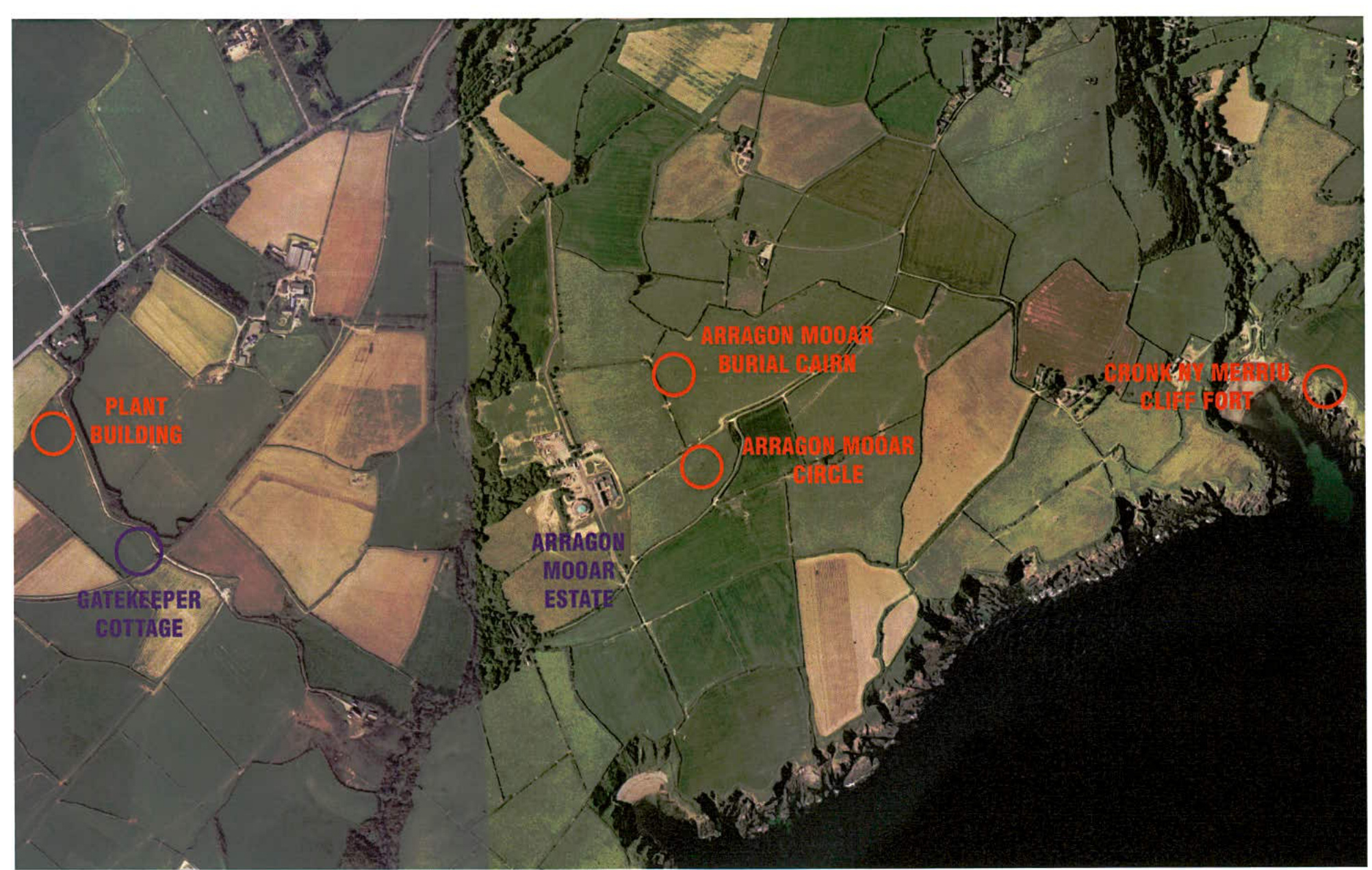 Annotated aerial view showing the location of Gatekeeper Cottage and a proposed plant building site relative to local archaeological features like burial cairns and cliff forts.