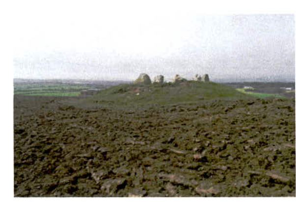 A grainy photograph depicting a rural landscape featuring a grassy mound with large rocks or standing stones in the distance, set against a backdrop of flat fields.