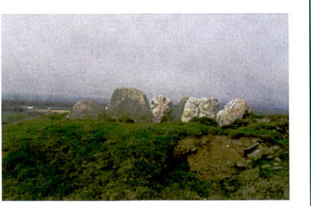 A grainy photograph showing a group of large standing stones situated on a grassy hilltop against a hazy sky.