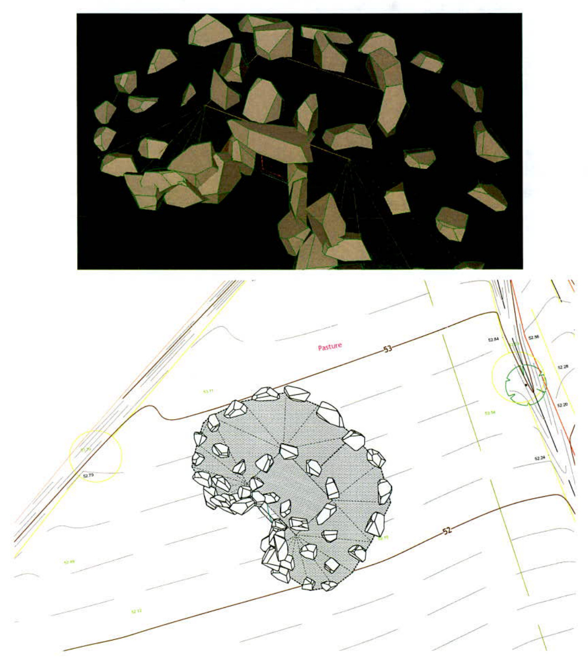 A technical illustration featuring a 3D mesh model of a rocky outcrop above a site plan showing contour lines and pasture land.