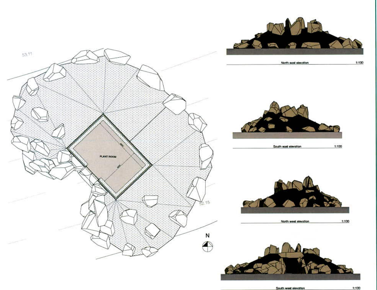 Architectural drawing showing a plan view and four elevations of a camouflaged plant room surrounded by a rockery.