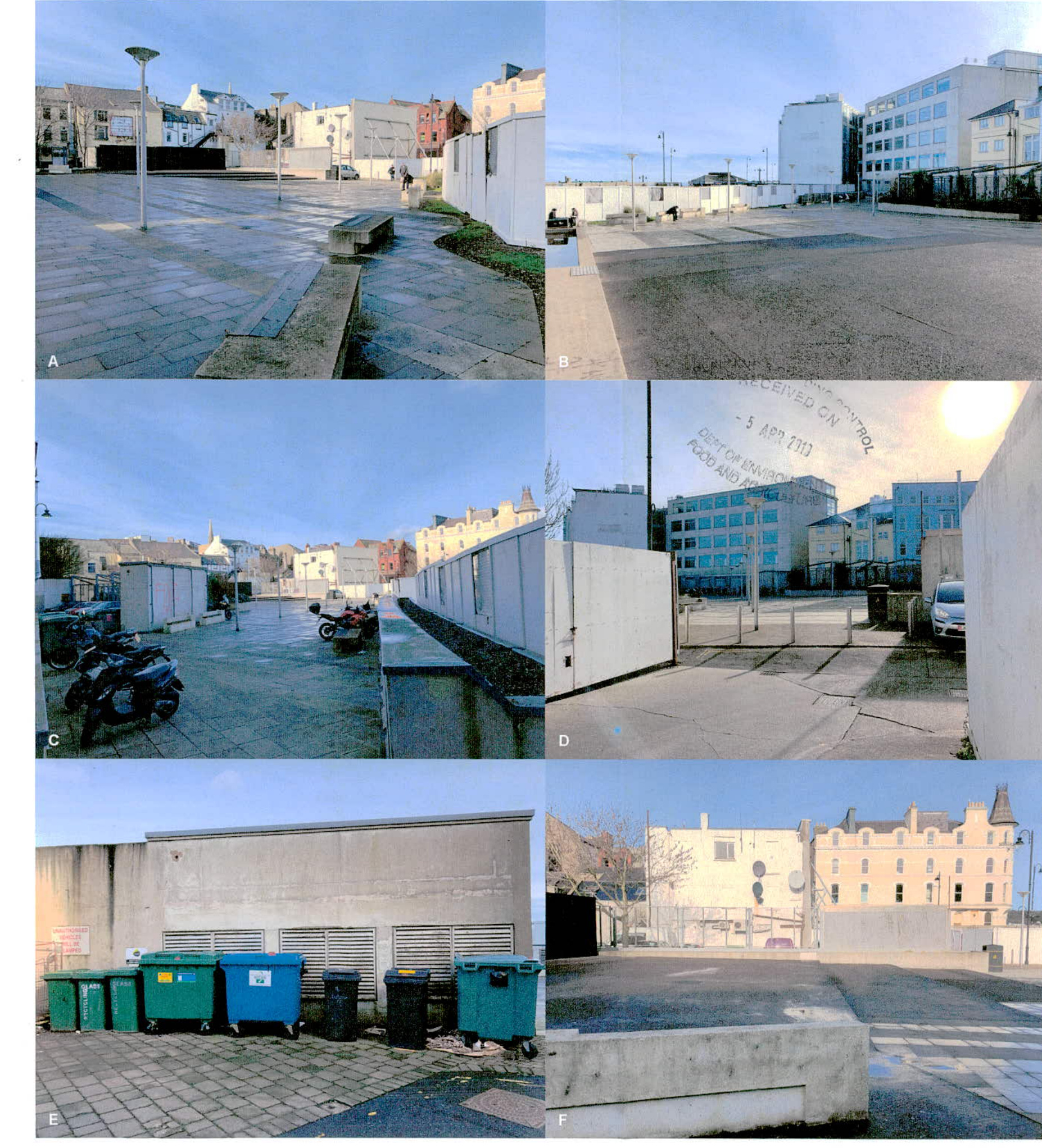 A composite sheet of six photographs showing an urban paved area with white hoardings, seating, and waste bins.