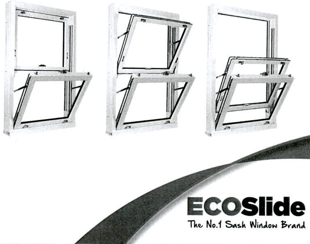 A product brochure page displaying three white sash window units with the bottom sashes tilted open to demonstrate the mechanism, featuring the 'ECOSlide' logo.