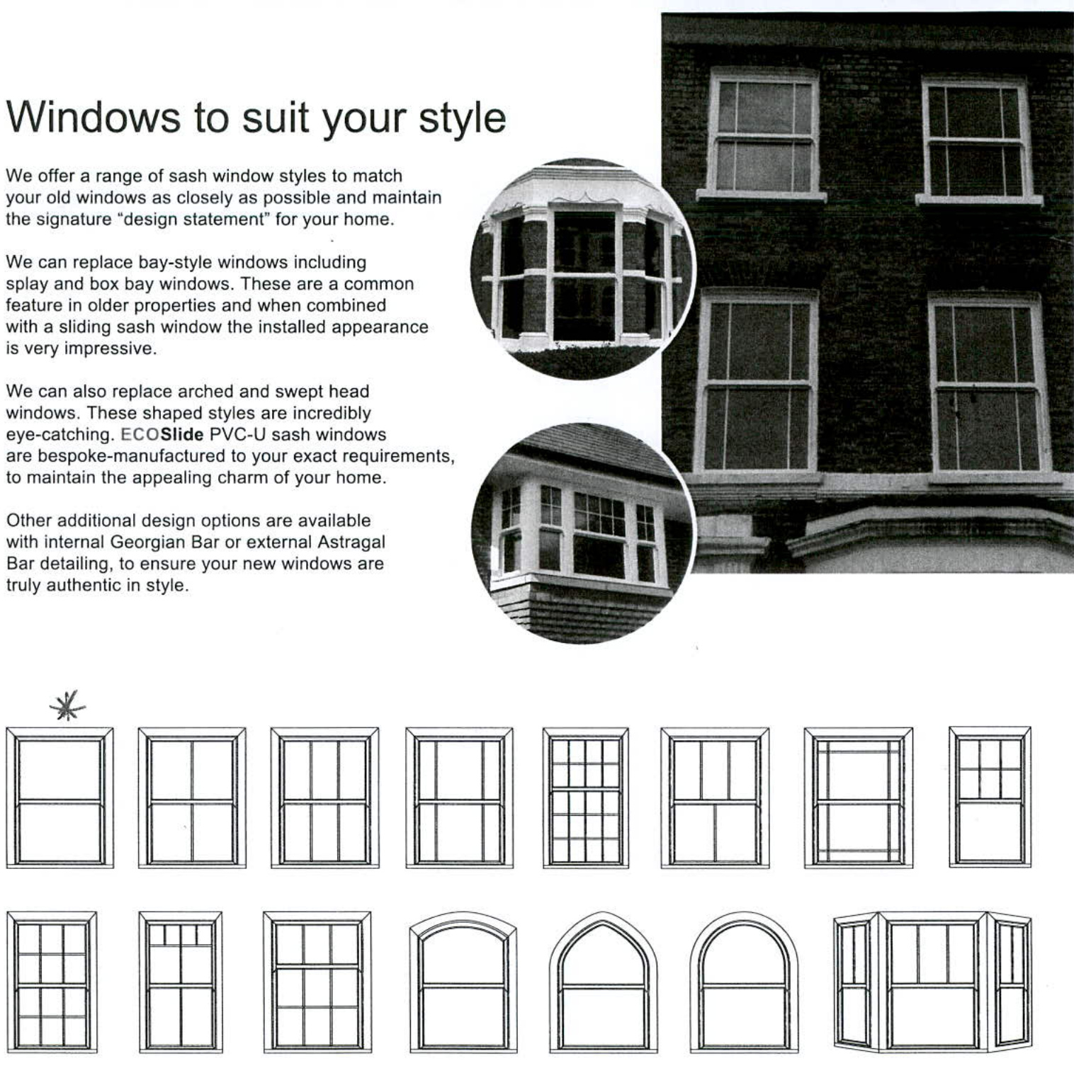 A document page featuring text and photos of sash windows, with a grid of technical line drawings showing various window styles at the bottom.