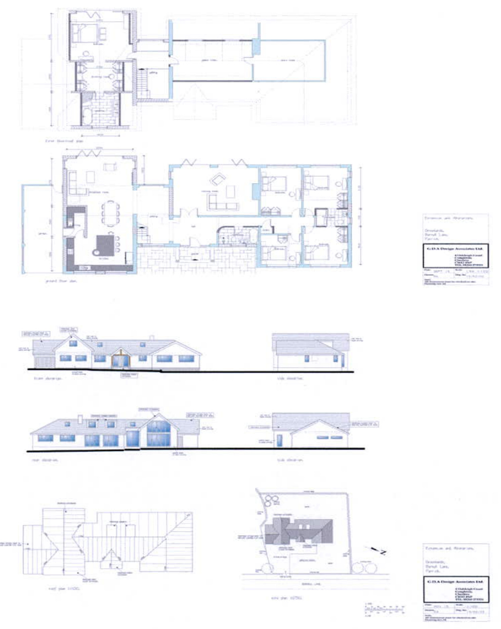 This image displays a composite sheet of architectural drawings for a new dwelling, including floor plans, elevations, and a site plan.